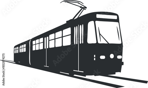 Silhouette vector illustration of a modern tram on railway tracks for urban transportation design projects