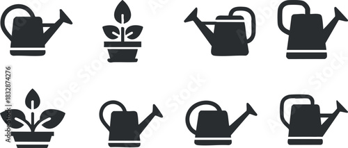 Set of minimalist black and white vector icons featuring watering cans and potted plants for gardening and landscaping projects