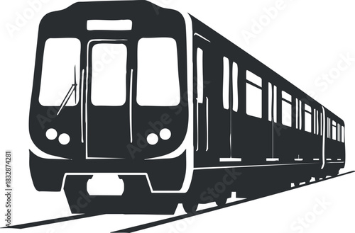 Minimalist black and white vector illustration of a modern subway train on tracks for transportation design projects