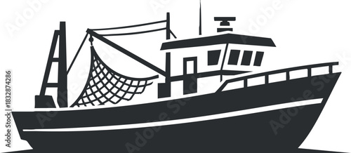 Silhouette vector illustration of a fishing boat, showcasing a net and marine elements for nautical design projects.