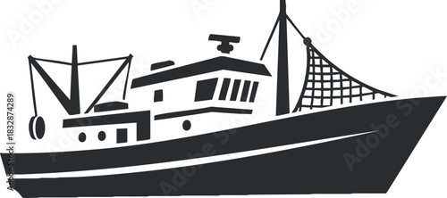 Stylized silhouette vector illustration of a fishing boat with net, perfect for nautical themes and maritime design projects