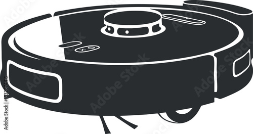 Minimalist black and white vector illustration of a robotic vacuum cleaner for home automation and design projects