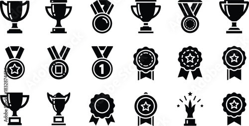 Collection of black silhouette icons representing various achievement award symbols like trophy cup medal badge ribbon and prize