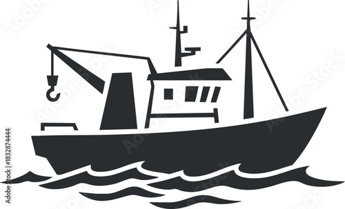 Stylized black and white vector illustration of a fishing boat navigating through waves for maritime and nautical design projects