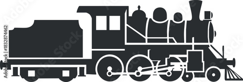 Vintage black and white vector illustration of a steam locomotive with a train car for transportation and travel themes
