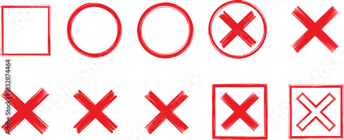 Set of red hand drawn stamp marks including x cross circle and square shapes