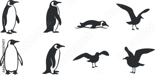 Silhouette vector icon set showcasing various penguins and birds in playful poses for wildlife-themed design projects