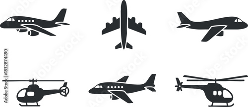 Collection of minimalist vector illustrations featuring various aircraft including jets, airplanes, and helicopters for aviation-themed designs