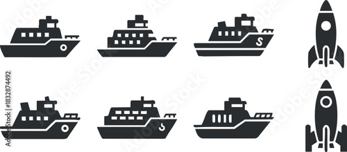 Stylized vector icon set of boats and rockets in a modern flat design for transportation and adventure themes