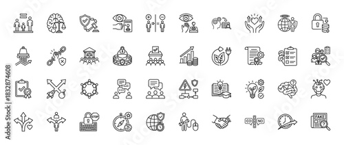 Business ethics and compliance line icon set. Vector pictograms of justice scales, shield, audit checklist, ballot box, moral compass, and fake news, thin linear illustration.