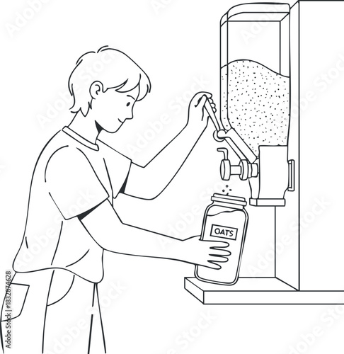 Outline vector illustration of a person dispensing oats from a food dispenser for healthy meal preparation