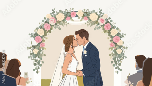 Elegant vector illustration of a bride and groom kissing under a beautifully decorated floral arch during an outdoor wedding ceremony. Featuring pastel rose flowers, greenery, emotional romantic momen