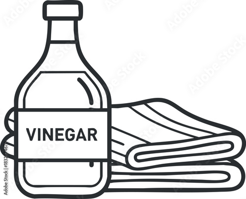 Outline vector illustration of a vinegar bottle and cleaning cloth, ideal for eco-friendly cleaning and home care concepts