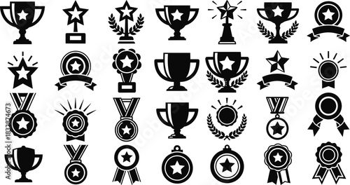 Collection of black and white trophy, medal, and award icons representing achievement, success, and victory