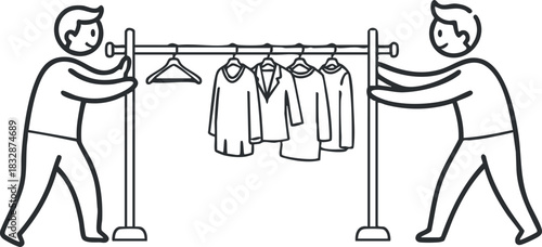 Minimalist line art vector illustration of two people hanging clothing on a rack for retail display