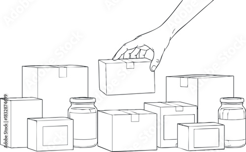 Outline vector illustration of a hand placing a box among various containers and jars, suitable for logistics and packaging concepts