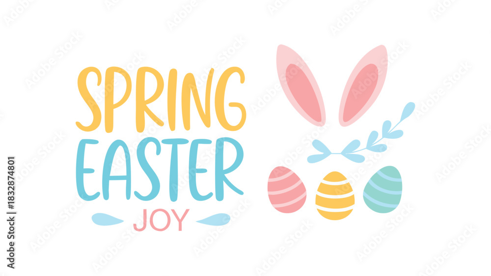 Fototapeta premium Spring easter joy with bunny ears and decorated eggs in pastel colors on a white background