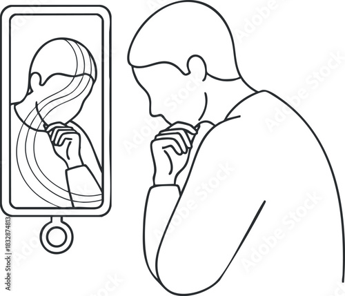 Minimalist line art illustration depicting a person in deep thought while reflecting on their image in a phone screen, ideal for mental health and wellness themes