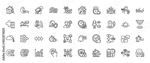 Technology and smart living line icon set. vector pictograms of sleep, movie, smart house, vacation, and settings, thin linear illustration.