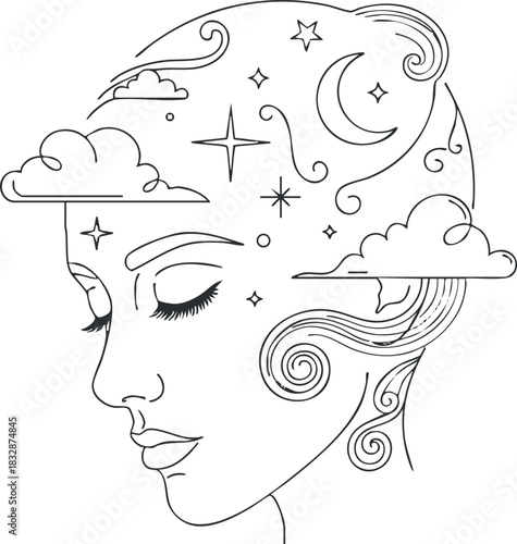 Elegant line art illustration of a woman's profile surrounded by clouds, stars, and moon, symbolizing dreams and imagination