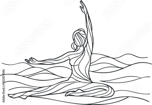 Stylized line art illustration of a woman practicing yoga, embodying calmness and balance in a minimalist design