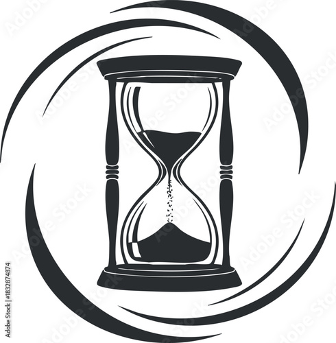 Stylish black and white vector illustration of an hourglass surrounded by abstract swirling lines, ideal for time-related concepts