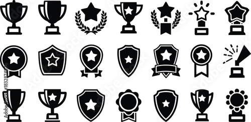Collection of black and white award icons including trophies, shields, and star badges