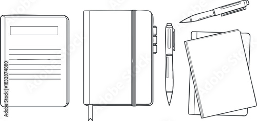 Minimalist black and white vector illustration of notebooks and pens for office and educational design projects