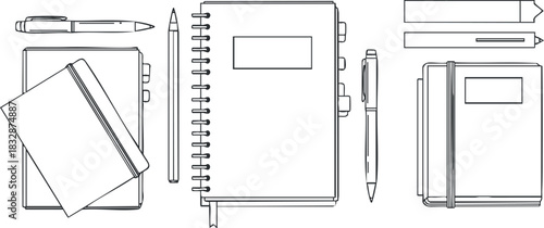 Minimalist outline vector illustration of stationery items including notebooks, pens, and pencils for office and school use