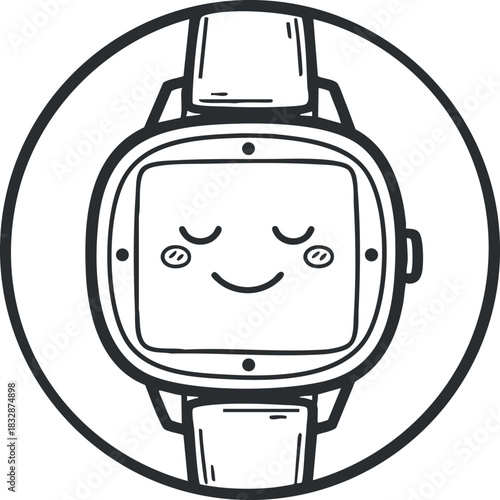 Playful vector illustration of a happy smartwatch featuring a smiling face, ideal for tech-themed designs and branding.