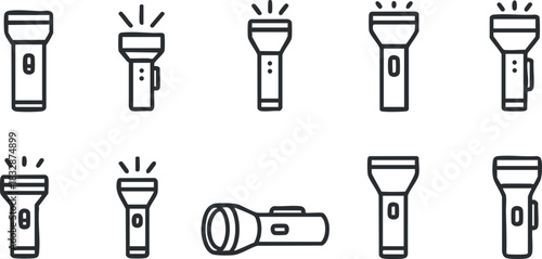 Outline vector icon set of flashlights in various orientations and styles for emergency and outdoor design projects