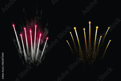 Firework trails bursting upward in bright colors.