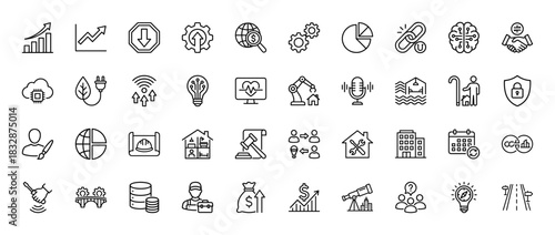 Business and finance line icon set. vector pictograms of chart, gear, money, analytics, security, and technology, thin linear illustration.
