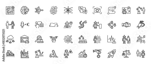 Artificial intelligence and robotics line icon set. Vector pictograms of machine learning, automation, drone, and cybernetics, thin linear illustration.