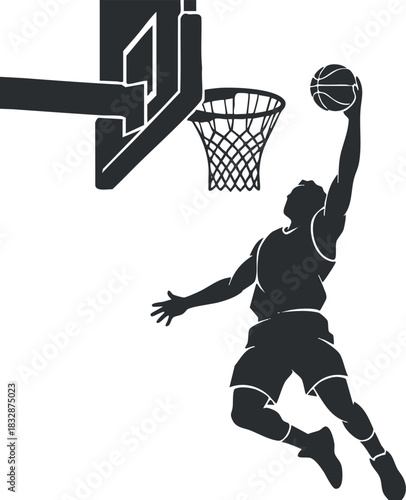 Dynamic silhouette vector illustration of a basketball player jumping to dunk the ball into the hoop