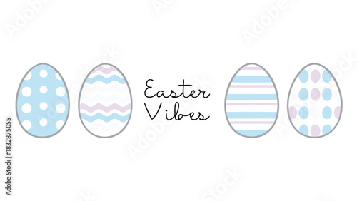 A row of four decorative easter eggs with pastel blue and purple patterns and the words easter vibes in script font on a white background