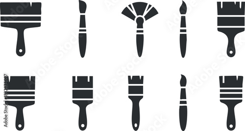 Silhouette vector icon set showcasing various types of paintbrushes and artistic tools for creative design projects