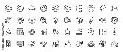 Air quality and smart home line icon set. vector pictograms of carbon dioxide, pollen, temperature, and humidity, thin linear illustration.