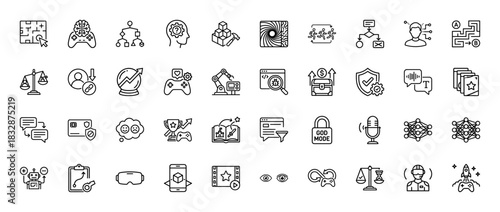 Artificial intelligence and gaming line icon set. Vector pictograms of machine learning, robot, vr headset, and neural networks, thin linear illustration.