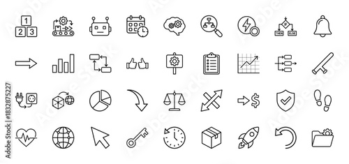 Business and technology line icon set. Vector pictograms of settings, robot, calendar, flowchart, charts, and delivery, thin linear illustration.