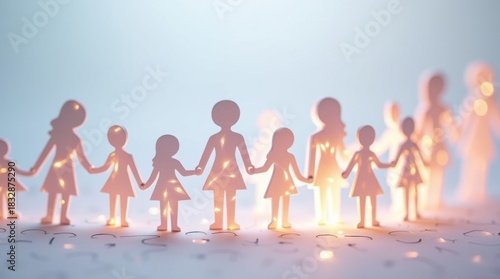 Formas humanas de papel con líneas delicadas y detalles intrincados unidos por piezas de rompecabezas entrelazadas