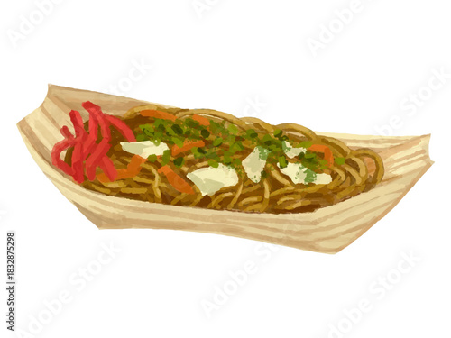 屋台やお祭りの経木舟皿の焼きそば ベクターイラスト 学校祭 文化祭 夏祭り 縁日