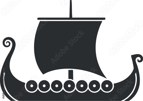 Stylized black and white vector illustration of a Viking ship, ideal for nautical themes and historical design projects