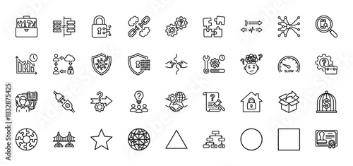 Technology and data line icon set. vector pictograms of security, data server, development, connection, and solutions, thin linear illustration.