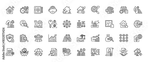 Real estate and property technology line icon set. Vector pictograms of smart home, ar planning, key, and contract, thin linear illustration.