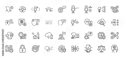 Voice control, security, and technology line icon set. Vector pictograms of microphone, brain, fingerprint, calendar, and lock, thin linear illustration.