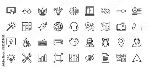 Technology and artificial intelligence line icon set. Vector pictograms of robot, brain, accessibility, support, chatbot, settings, tools, data, thin linear illustration.