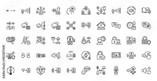 Audio and sound technology line icon set. Vector pictograms of microphone, speaker, waveform, music, and connectivity, thin linear illustration.
