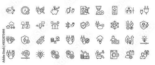 Smart home and energy efficiency line icon set. Vector pictograms of electricity consumption, settings, and automation, thin linear illustration.