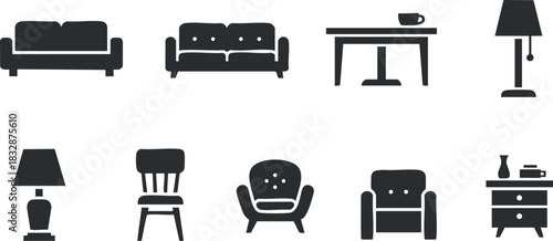 Collection of minimalist black vector icons representing various furniture pieces for interior design and home decor